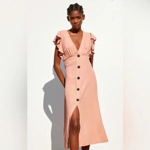 NWOT Zara Ruffled Rustic Linen Dress in Pink Sand
